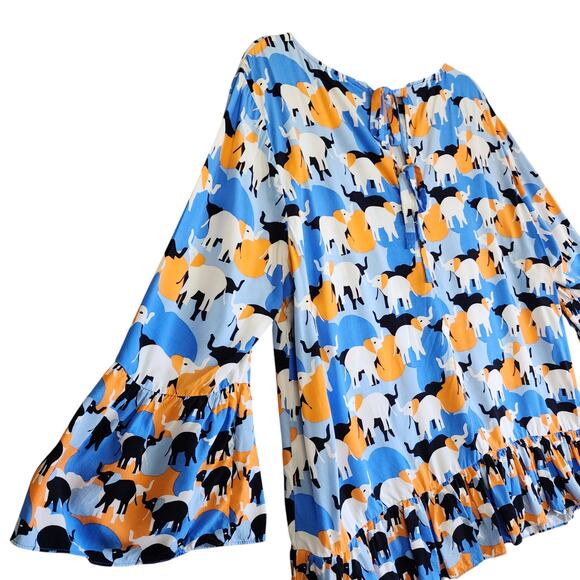 Crown & Ivy Womens Peplum Top Size XXL Bell Sleeves Elephant Print Orange Blue - Picture 5 of 10